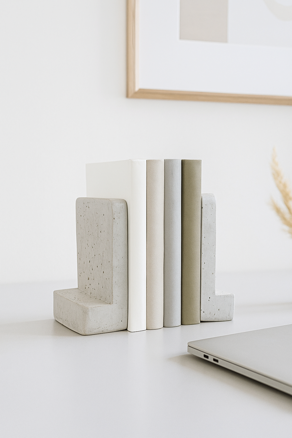Vários livros com capas em cores neutras, apoiados em suportes de concreto, sobre uma mesa branca, com quadro na parede ao fundo