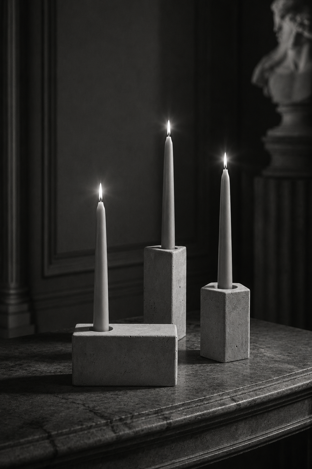 Três velas acesas em castiçais de concreto em um ambiente escuro com decoração clássica.