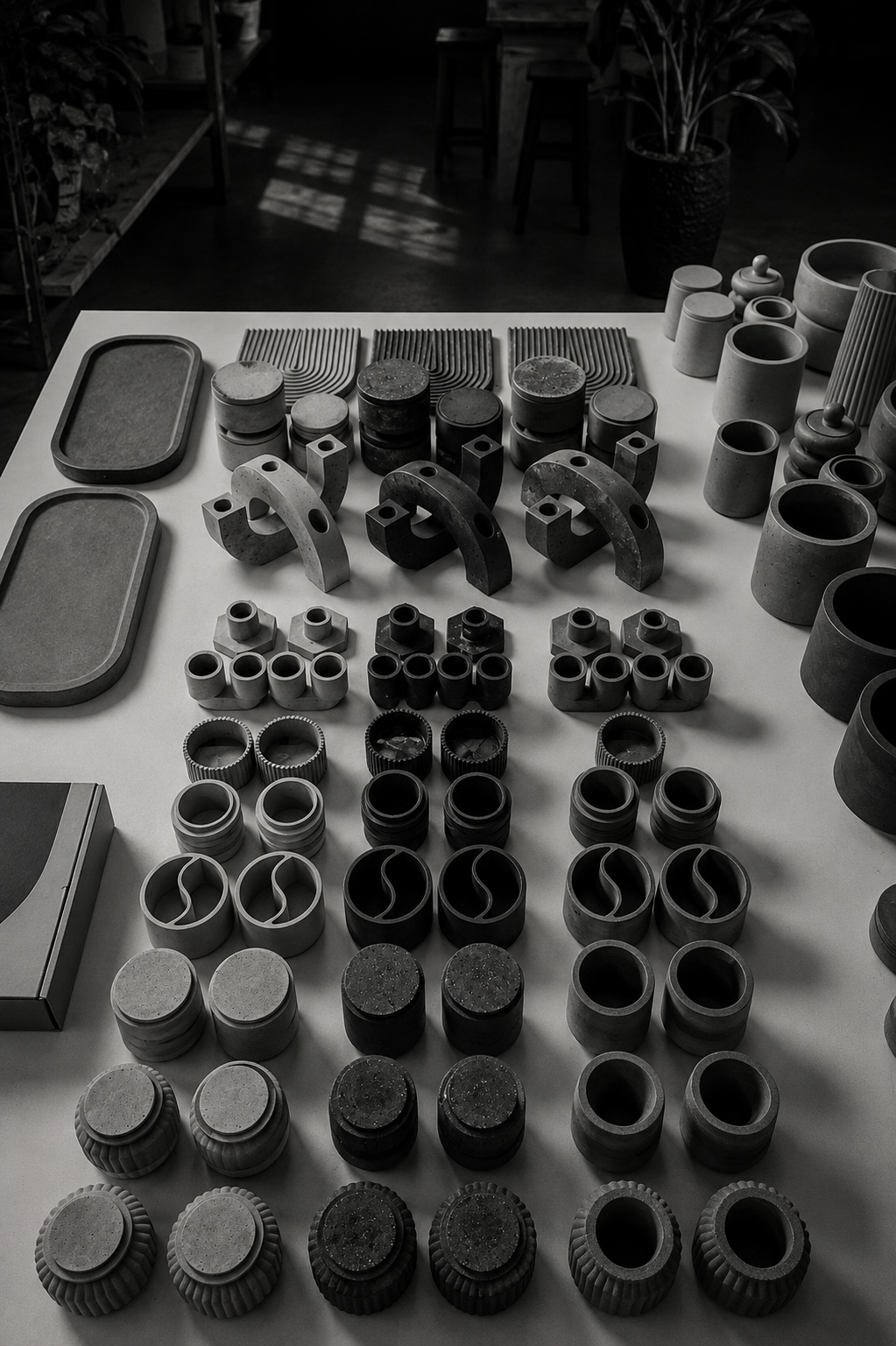 Vários objetos de cerâmica de diferentes formas, tamanhos e acabamentos organizados em uma mesa de exposição ou loja, incluindo vasos, recipientes e peças decorativas.