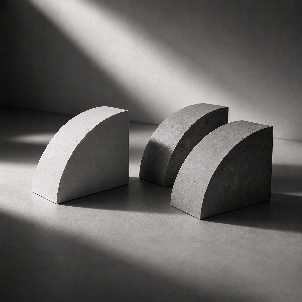 Três objetos geométricos de concreto, semicirculares, em tons de cinza, posicionados em uma superfície com iluminação suave e sombras ao fundo.