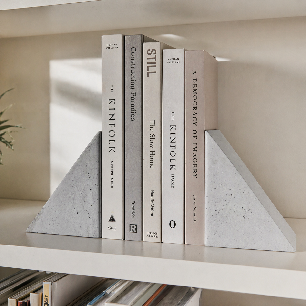 Cerca de uma estante com livros de capa branca e cinza, incluindo títulos de Nathan Williams e outros autores, apoiados em suportes de concreto em forma de triângulo na parte inferior de cada livro.