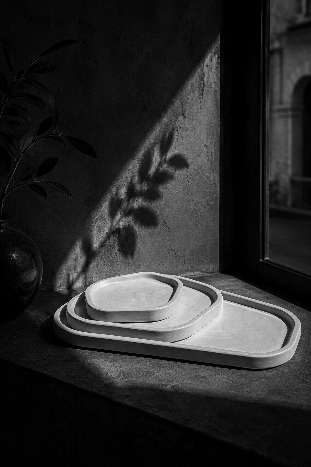Conjunto de pratos de vidro empilhados em uma mesa de pedra, com uma planta à esquerda e uma janela à direita, na luz do sol criando sombras.