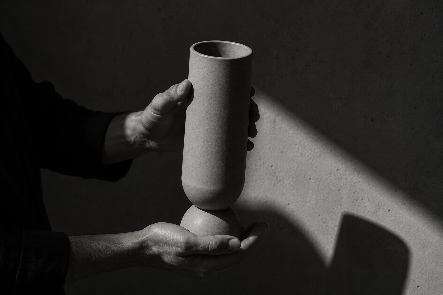 Mãos segurando um vaso de cerâmica cilíndrico sobre uma esfera, em luz e sombra contrastantes.