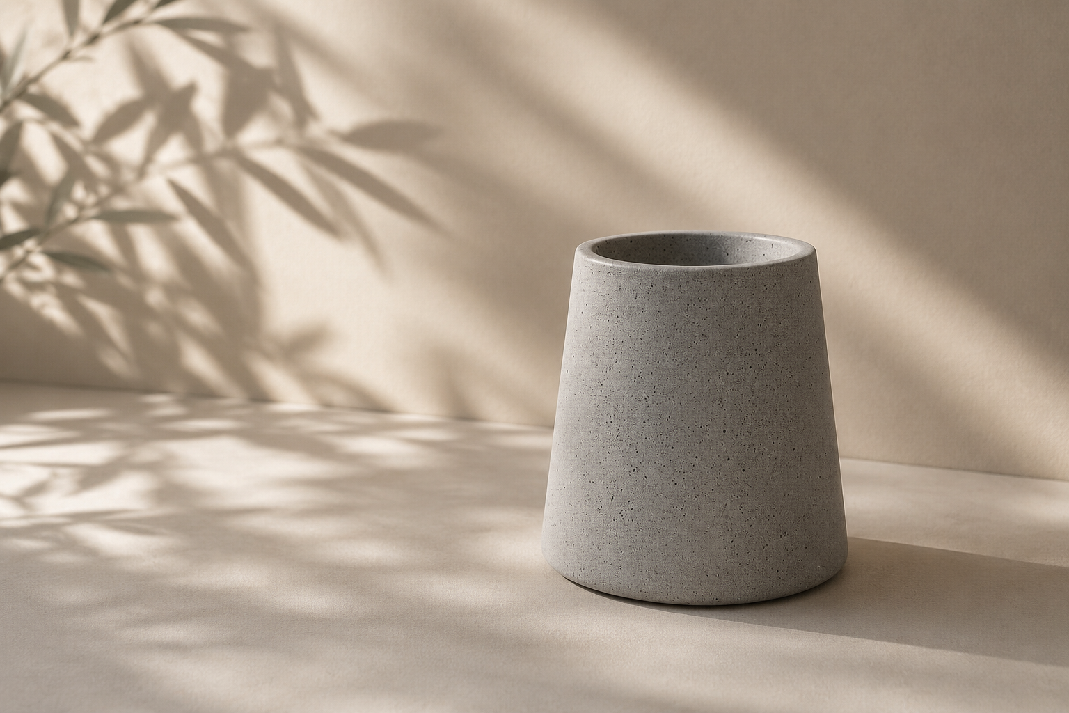 Vaso de cimento cinza em um ambiente iluminado com sombra de folhas ao fundo.
