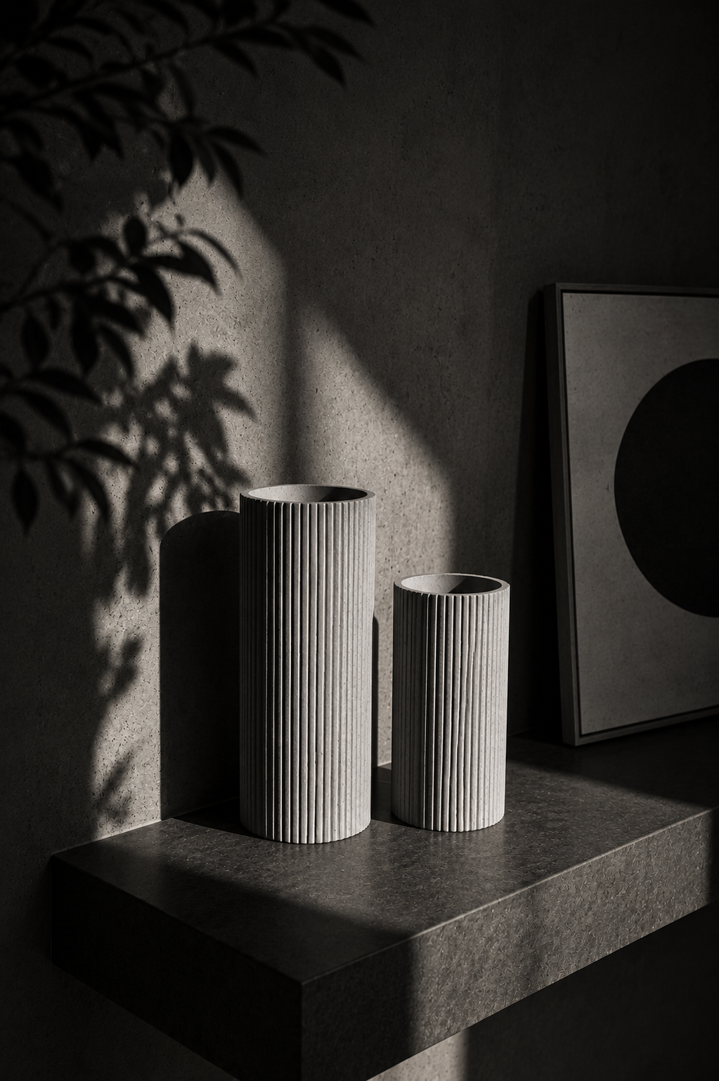 Dois vasos cilíndricos de material claro com superfície texturizada, de tamanhos diferentes, colocados sobre uma superfície de pedra escura. Há uma sombra de galho e folhas no fundo, e uma moldura de quadro preto com um círculo escuro ao fundo.