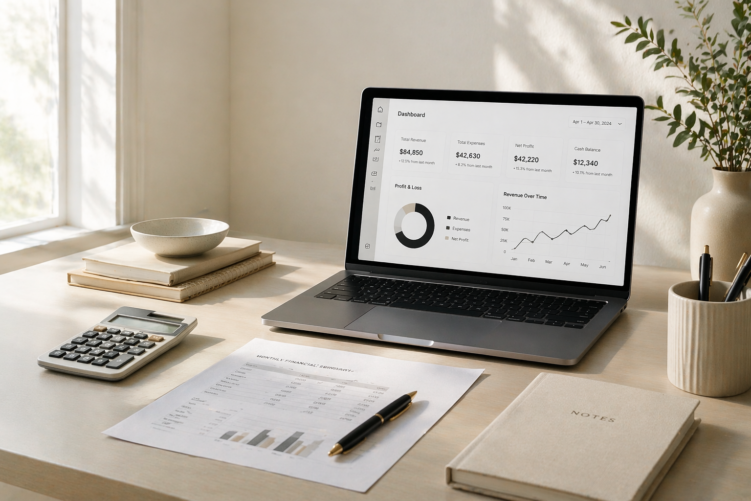 A home office desk with a laptop displaying financial data, a calculator, a pen, financial reports, a notebook, a potted plant, and a bowl near a window with natural light.
