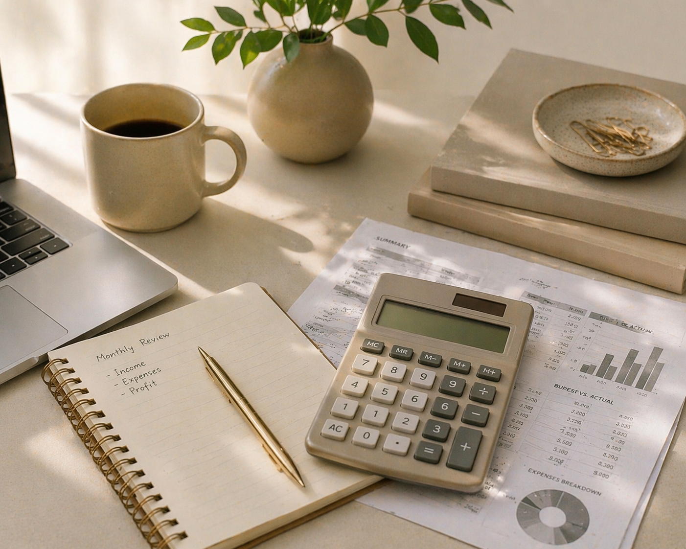 A workspace with a laptop, a coffee cup, a notebook labeled 'Monthly Review' with a gold pen, a calculator, stacked books, a small bowl of gold paper clips, a vase with green leaves, and financial documents with charts and graphs.