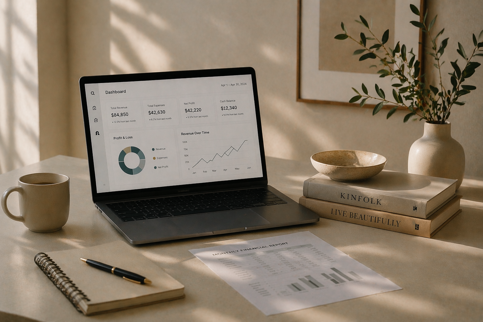 A laptop on a desk displaying a business performance dashboard with financial metrics, a cup of coffee, a notebook with a pen, a financial report sheet, and a stack of books with a plant and decorative bowls in the background.