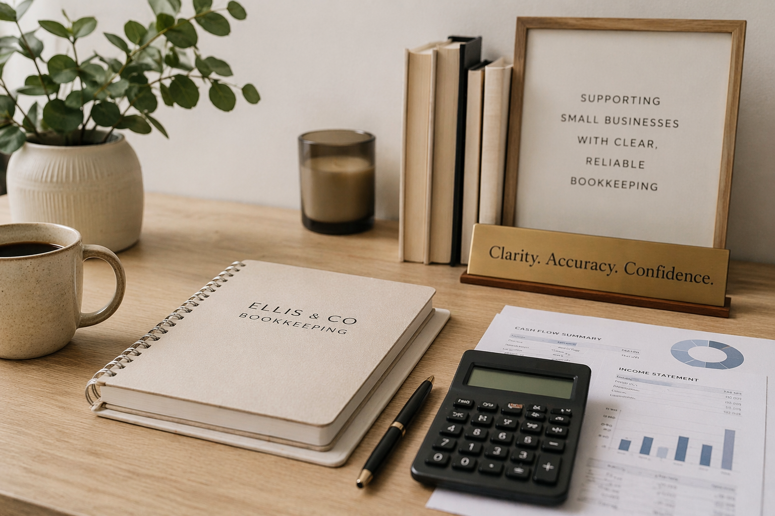 Office desk with a laptop, notebook labeled 'Ellis & Co Bookkeeping', a cup of coffee, a pen, financial documents, a calculator, and decorative items including a plant and a framed sign promoting small business bookkeeping.