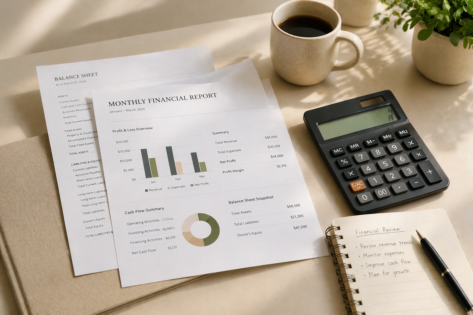 Financial documents, a calculator, a cup of coffee, a potted plant, and a notepad with a pen on a desk.