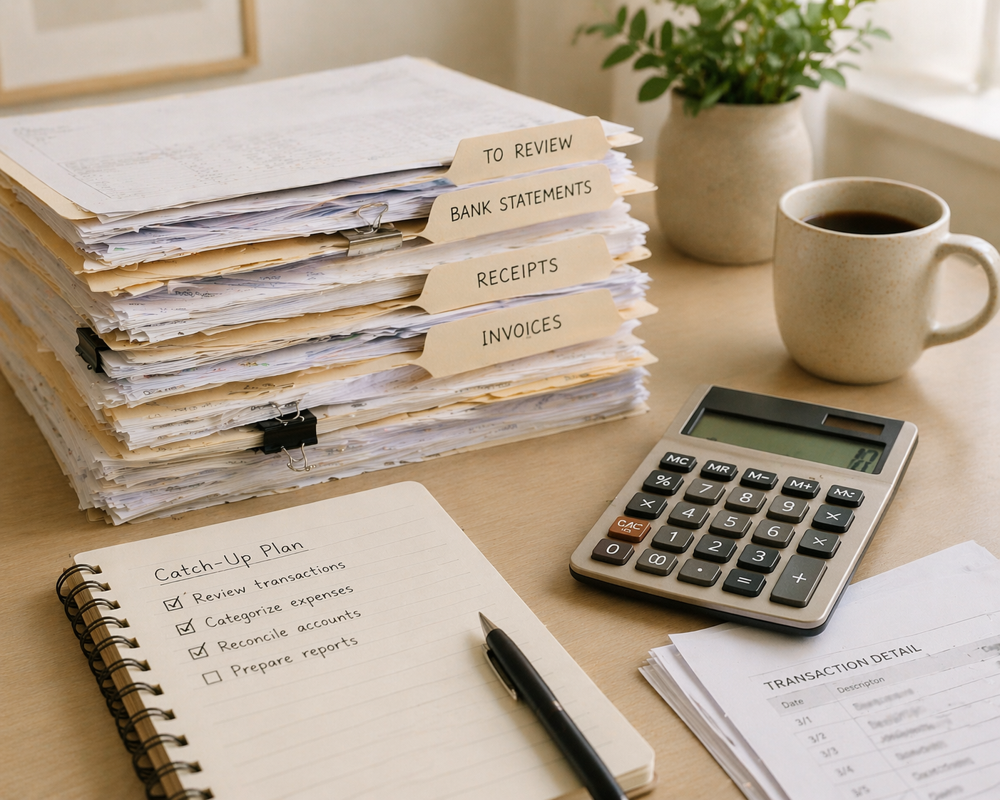 A cluttered desk with paper files labeled for review, bank statements, receipts, and invoices, a calculator, a notepad with a catch-up plan, a pen, a coffee mug, and a potted plant.
