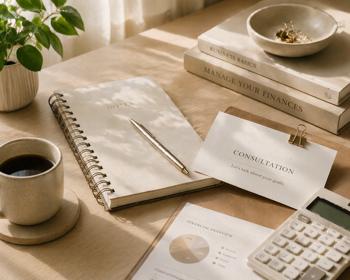 A cluttered workspace with a notebook, pen, coffee, a potted plant, books on finance and management, a consultation note, a financial overview chart, and a calculator.
