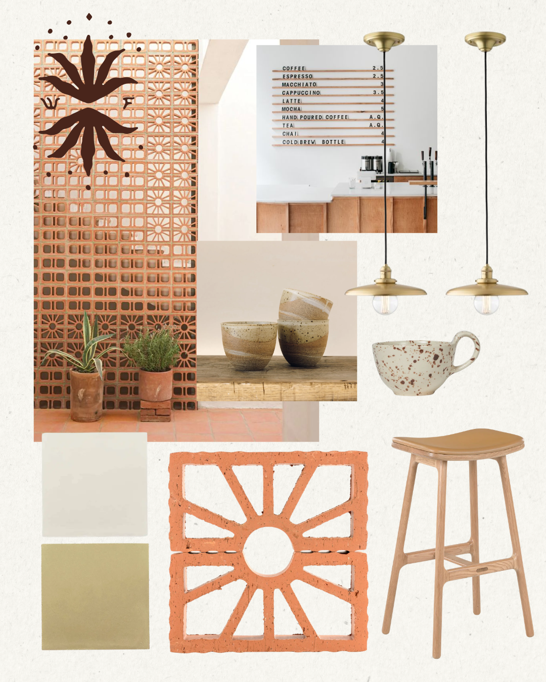 A collage of interior design elements including a terracotta lattice wall, potted plants, ceramic bowls and cup, a wooden stool, hanging pendant lights, a white wall with signage and countertop in a cafe setting, and color swatches in white, beige, and green.