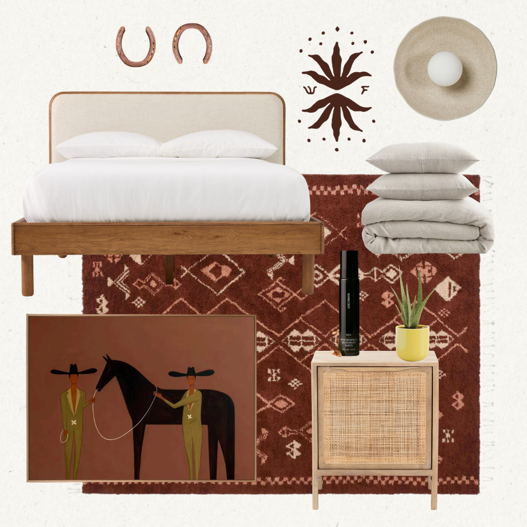 A neatly arranged bedroom with a wooden bed frame, white bedding, and two pillows. On the wall behind the bed, there are decorative wall hangings including a pair of horseshoes, an abstract black floral pattern, and a round textured wall piece. To the right of the bed, there's a stack of folded light gray pillows or blankets on a red patterned rug. On the same rug, there's a small wooden side table with a potted plant in a yellow pot, and a black spray bottle. There is also a framed artwork depicting two people in hats standing with a horse, placed on the rug near the bed.