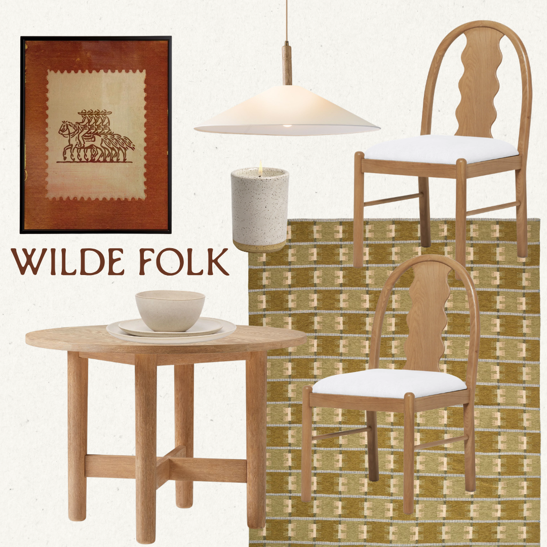 Interior scene with a framed artwork of a stylized animal, a hanging ceiling lamp, a concrete candle holder with a lit candle, two wooden chairs with white cushions, a small round wooden table with beige bowls and plates, and a patterned green and brown rug. The words "WILDE FOLK" are written in brown text.