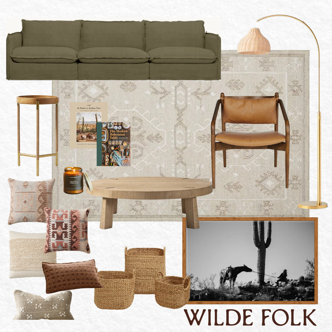 A cozy living room with a green sofa, a round wooden coffee table, a tan leather armchair, a textured rug, and various pillows and woven baskets. Decor includes books, a framed photograph, a candle, a floor lamp, a small side table, and a framed black-and-white photo with the words "WILDE FOLK."