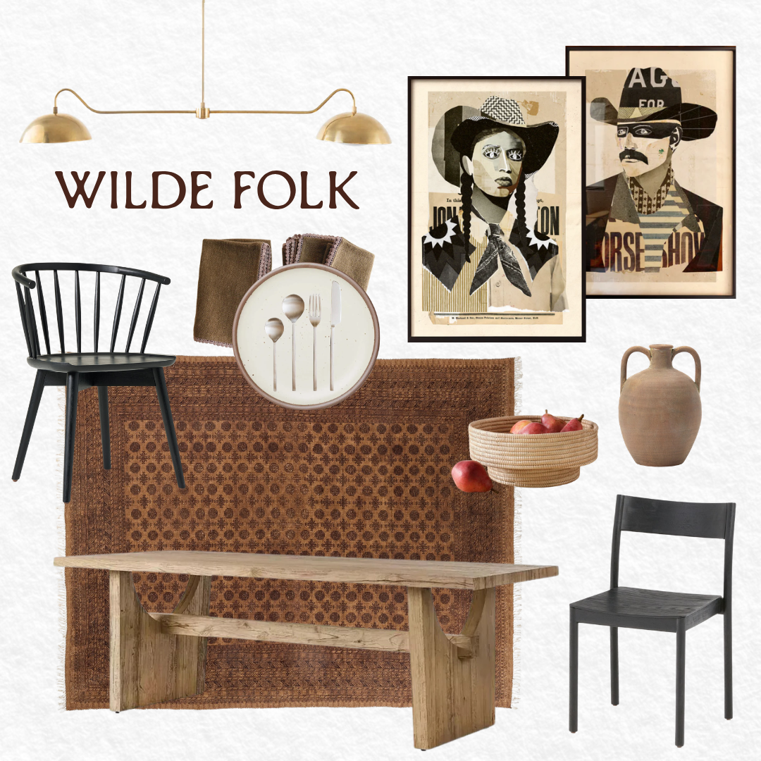 Decorative arrangement with framed folk art portraits, wooden and black chairs, a wooden bench, a round plate with cutlery, a bowl of apples, a clay vase, and a
