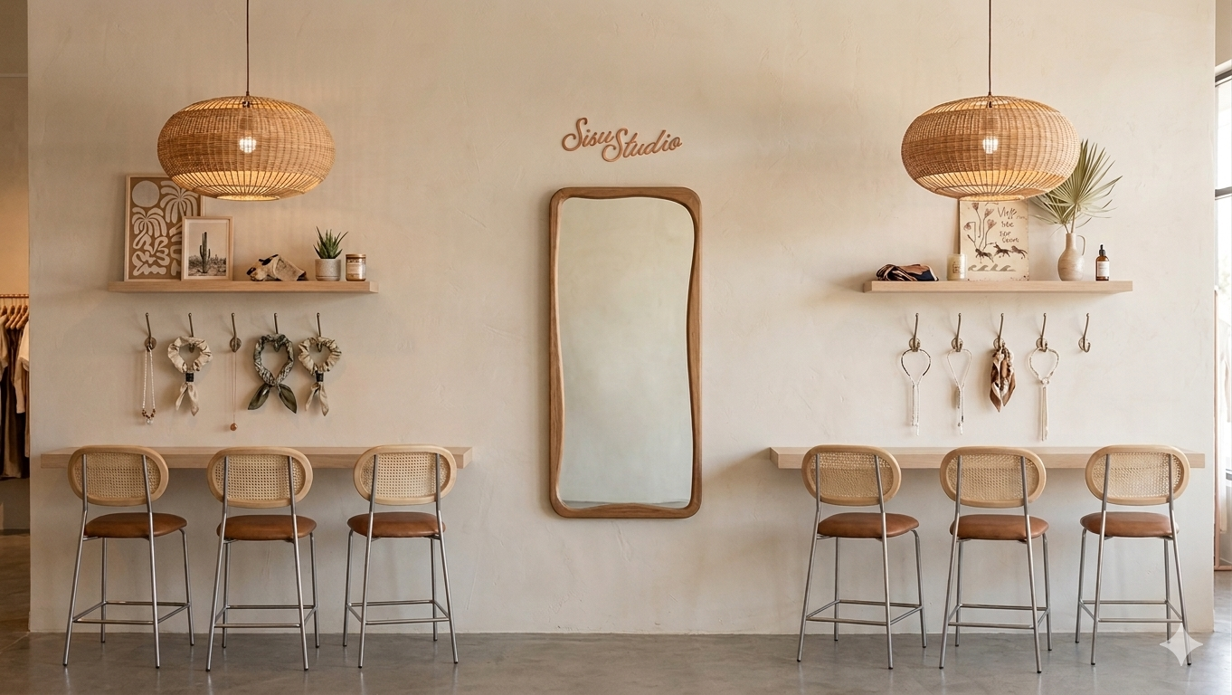 Interior of a minimalist studio with two bar-height tables and chairs, woven pendant lights, shelves with decorative items and plants, a large mirror in the center, and a sign reading 'Silu Studio' above the mirror.