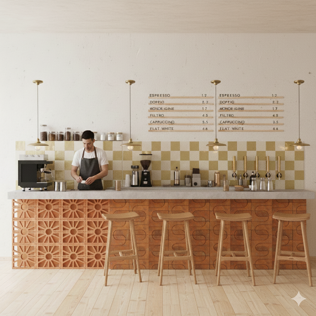 A person standing behind a bar counter in a cafe or coffee shop, with a coffee machine, jars, and cups on the counter, and four wooden bar stools in front. There are menu boards on the wall listing coffee options and prices.