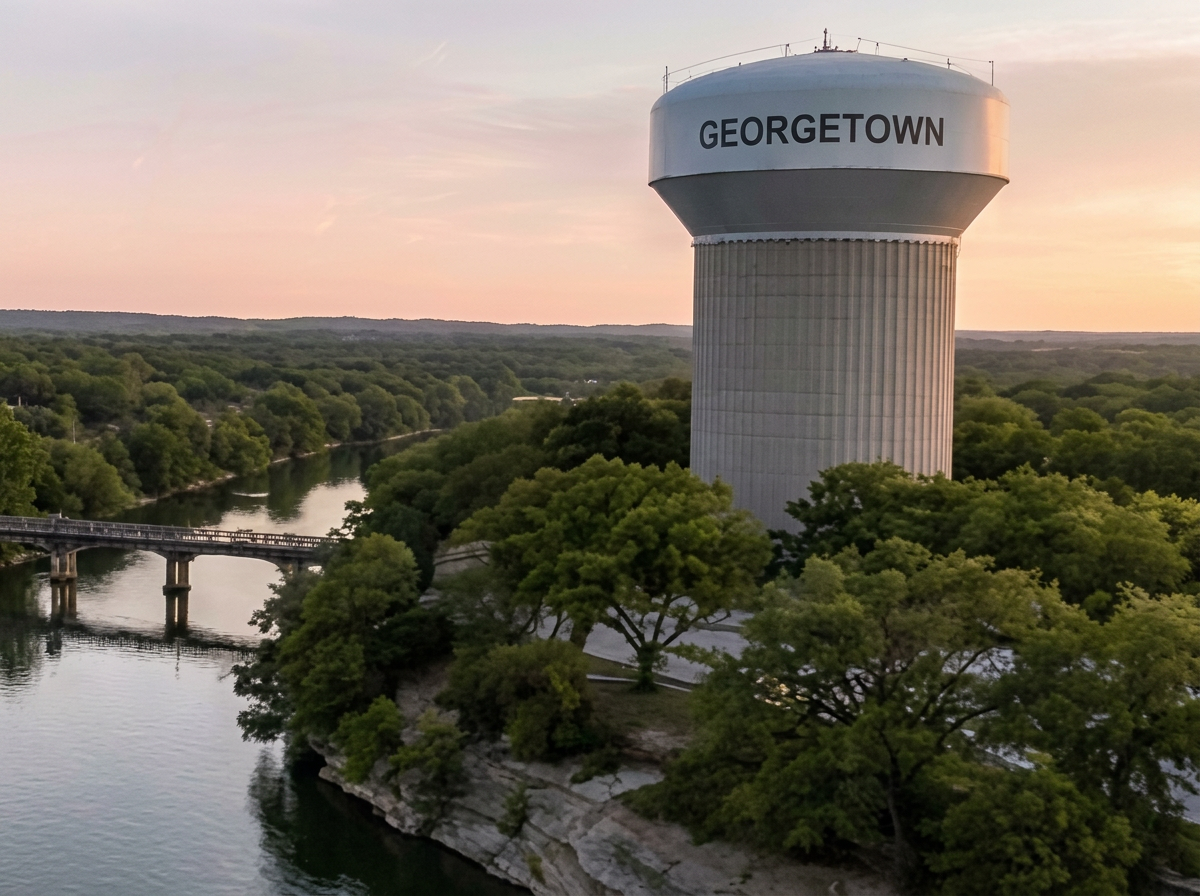 A large water tower with the word 'GEORGETOWN' on it, positioned on a rocky outcrop surrounded by green trees, with a river and a small bridge in the background during sunset.