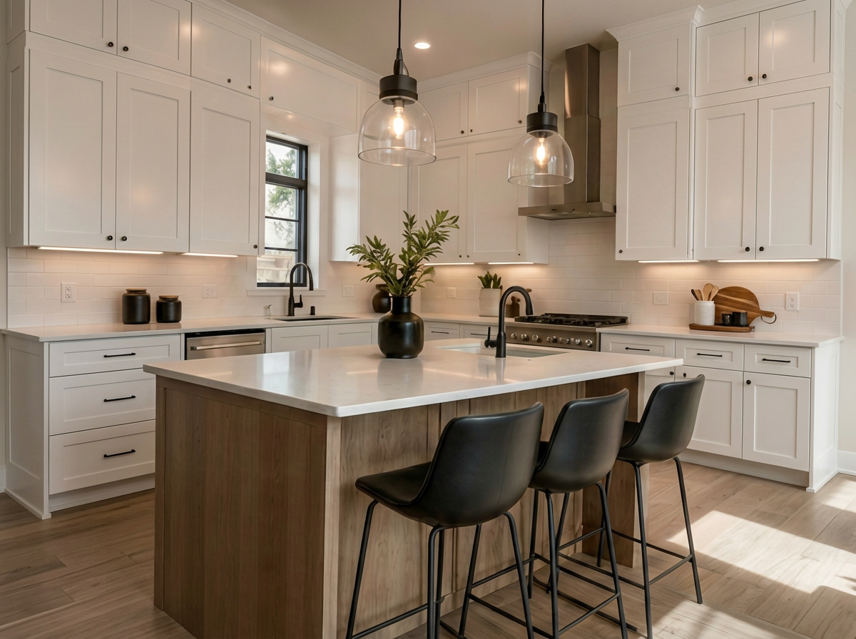 Modern kitchen with white cabinets, black hardware, and a large island with a wooden base. The island has a black faucet and three black barstools. There is a black vase with green foliage on the island. Pendant lights hang above the island. The kitchen has a window, stainless steel appliances, and a white tiled backsplash.