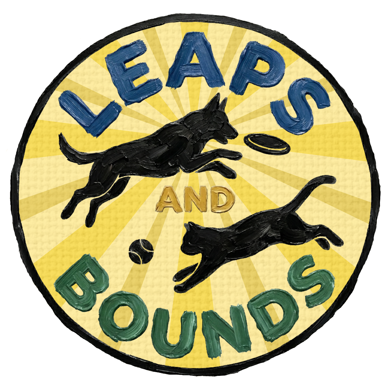 Leaps and Bounds Pet Care logo. The dog is jumping to catch a frisbee and the cat is running to catch a ball. The sun is shining. The logo looks painted.