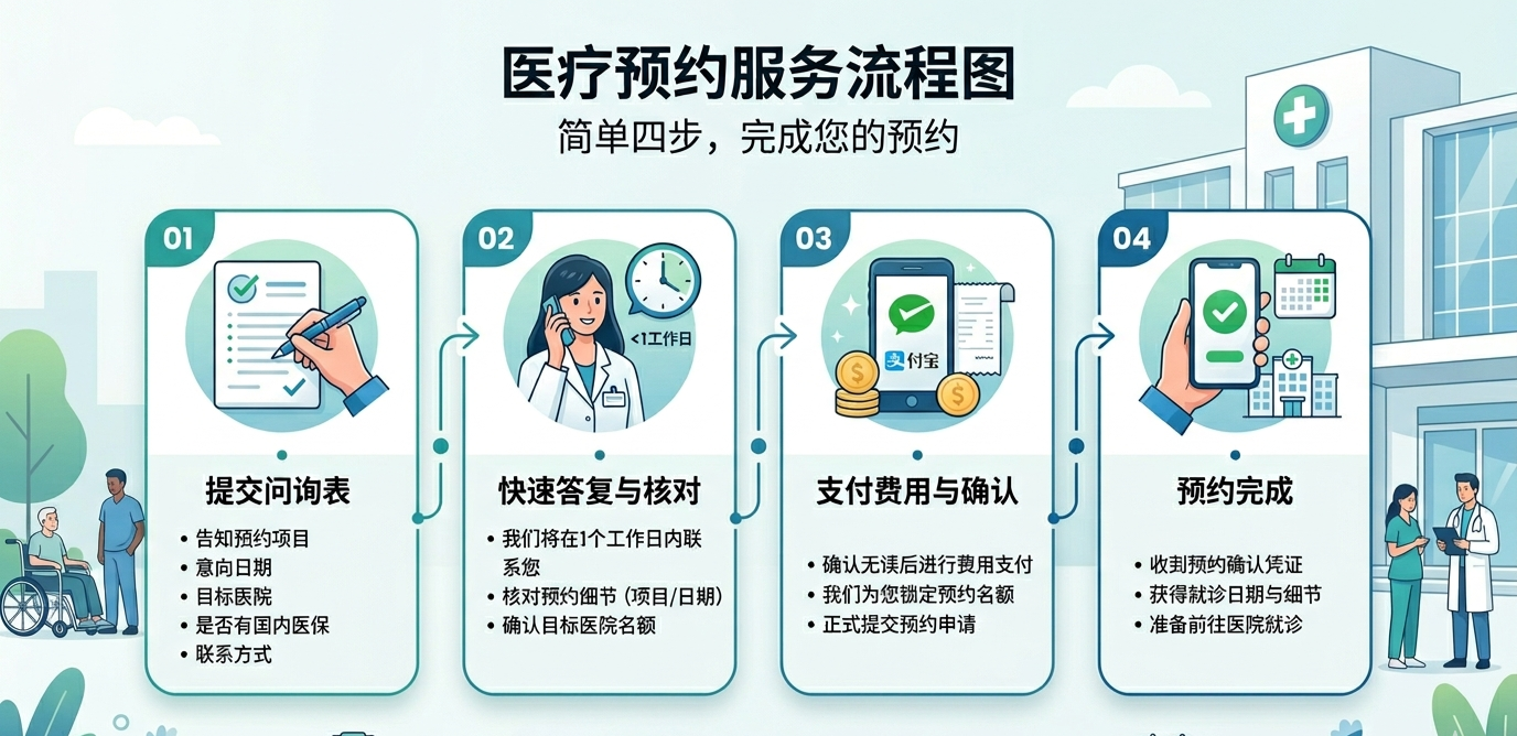 Infographic in Chinese explaining the four-step process for medical appointment booking: 1. Submit inquiry form with project, date, hospital, insurance, and contact info. 2. Contact with a staff member for confirmation and appointment details. 3. Make payment through Alipay with confirmation of no additional costs. 4. Appointment completion with confirmation, receipt, and preparation for hospital visit.