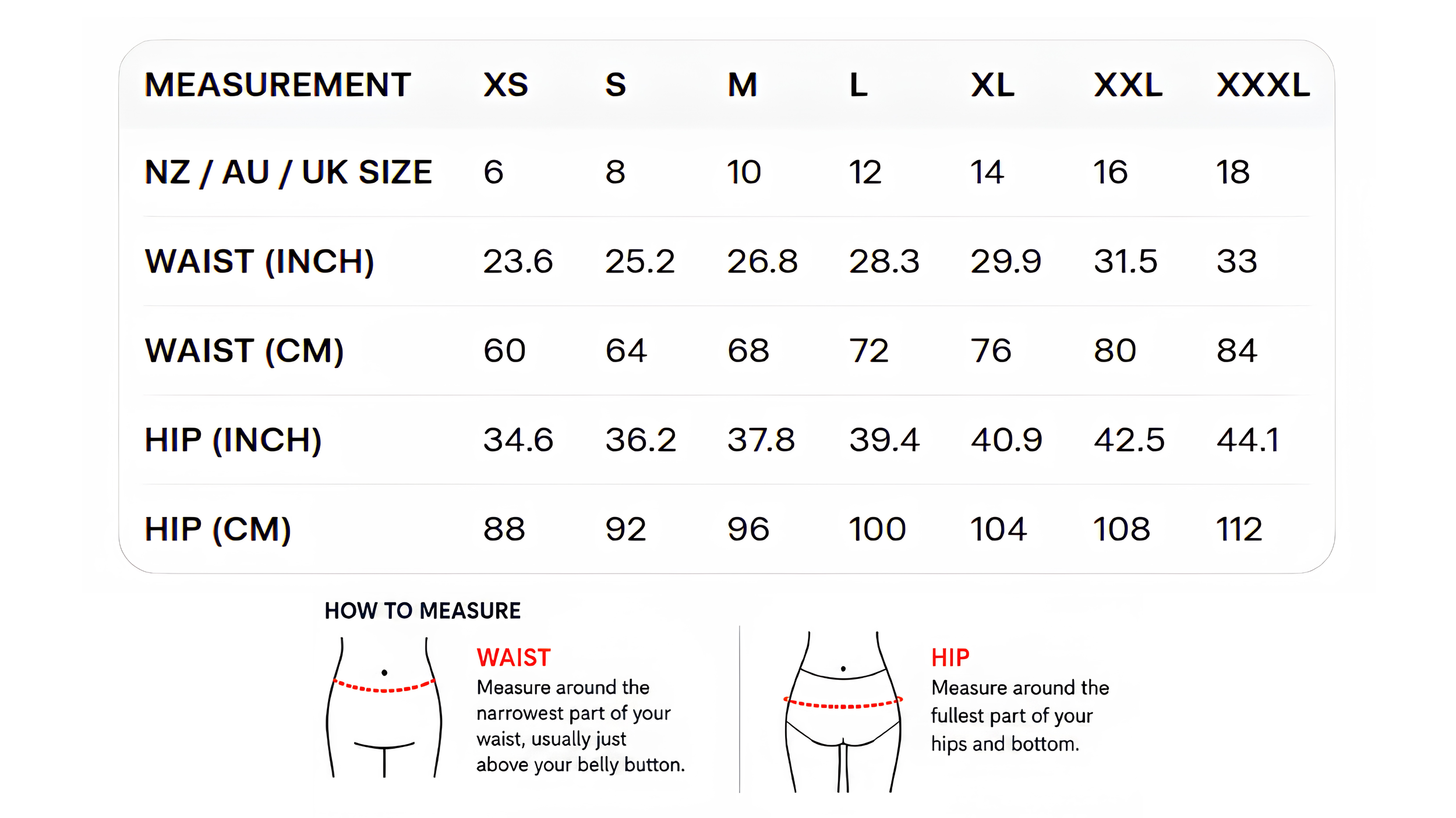 Clothing size chart showing measurements from XS to XXXL with corresponding sizes in NZ, AU, UK, waist in inches and centimeters, hips in inches and centimeters, and illustrations depicting waist and hip measurements.