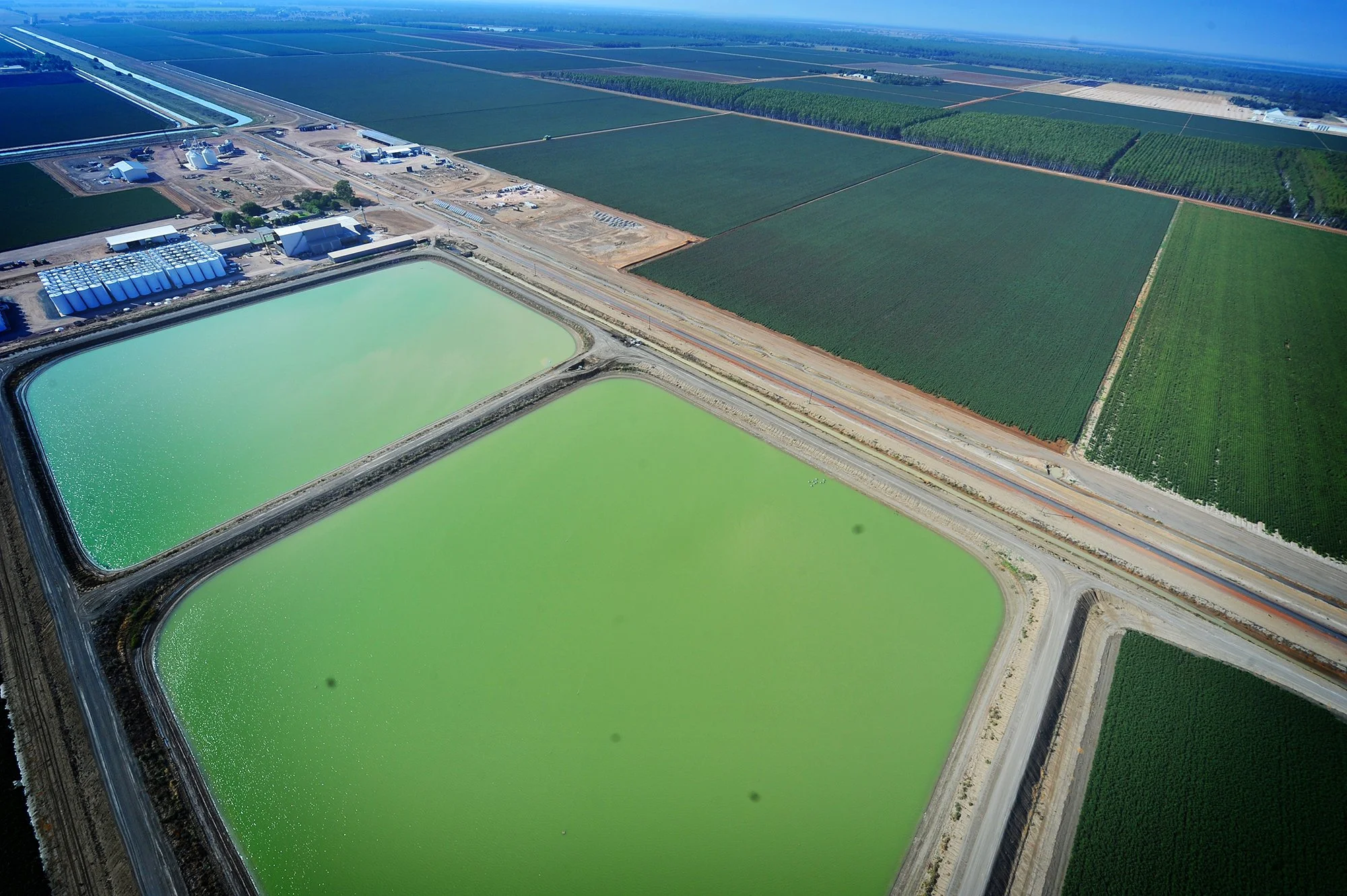 Aerial view of green salt evaporation ponds surrounded by farmland and infrastructure.