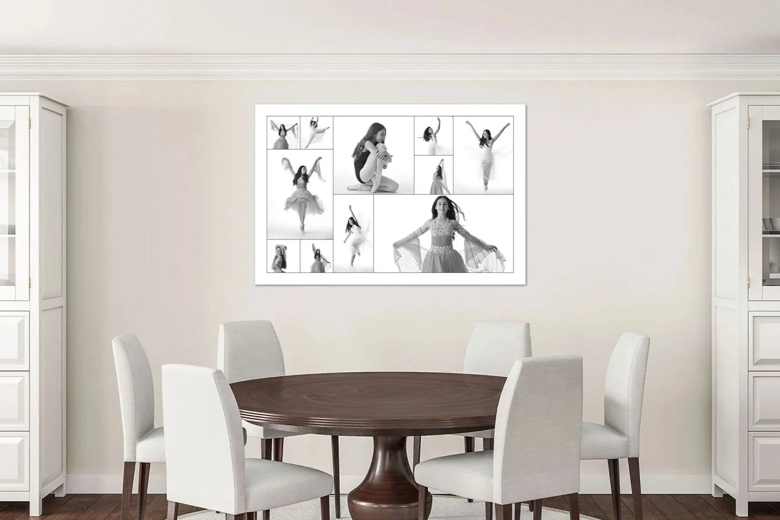 Black and white collage of ballet dancer in various poses on a white wall in a dining room with white chairs and a round wooden table.