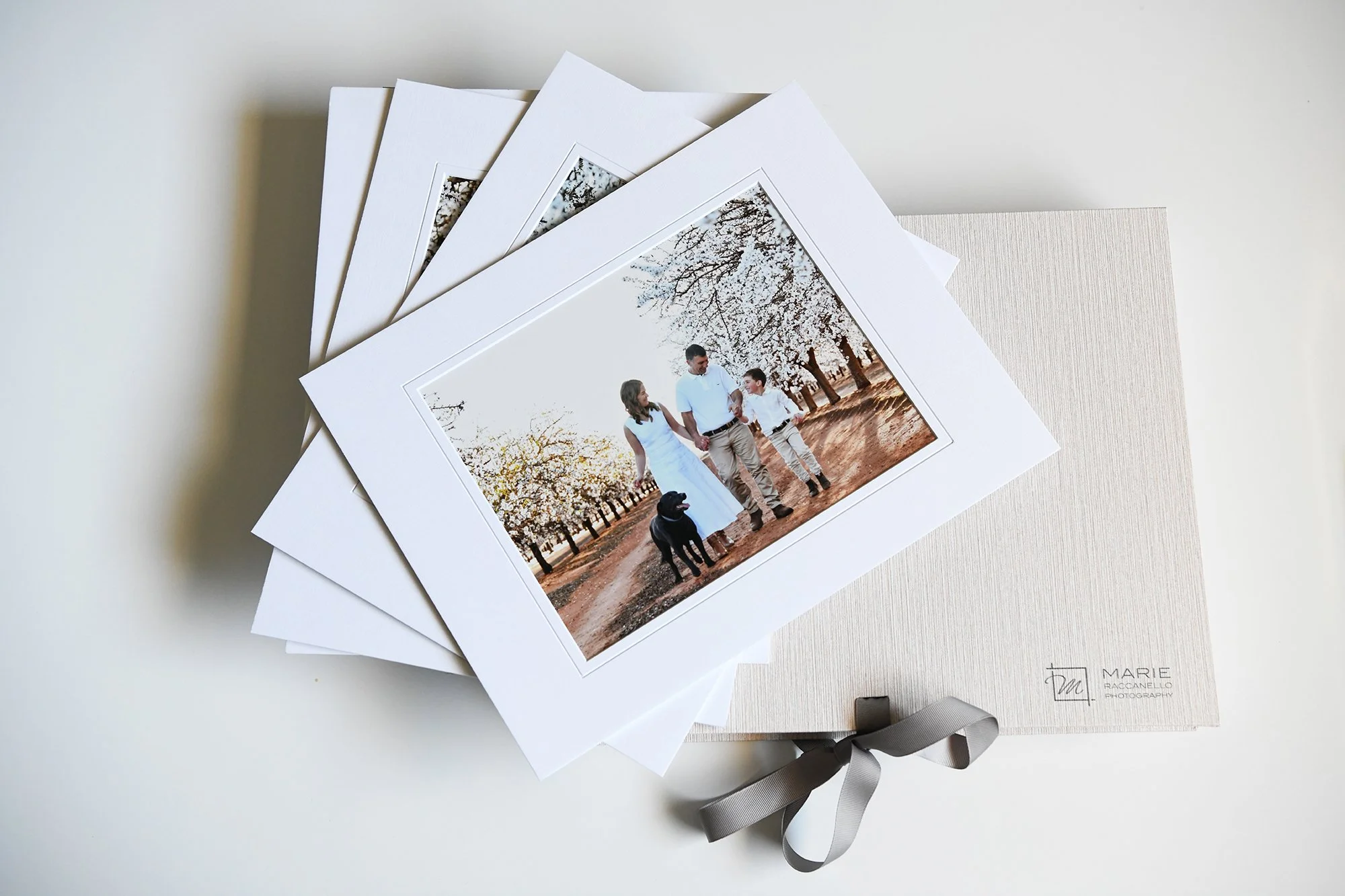 A set of six printed photographs fanned out on top of a white box and a beige textured surface, with the visible photo showing a family walking outdoors through a park with blooming trees, accompanied by a black dog.