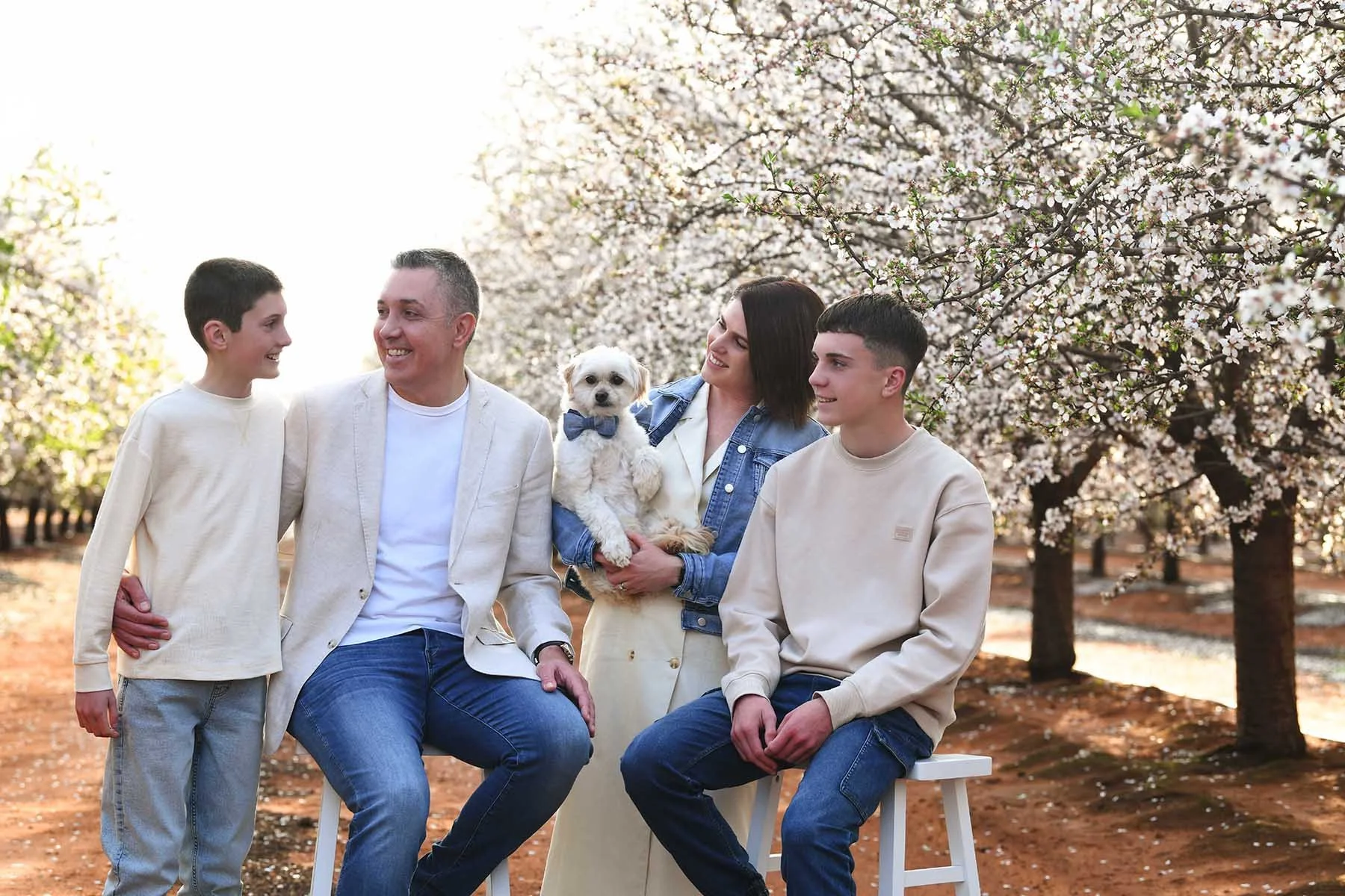 Family of five with two teenagers, one adult male, one adult female, and a small dog with a bow tie, in a park with blooming trees and sunlight.