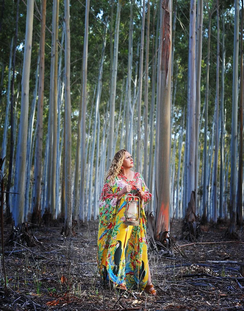 A woman with curly blonde hair wearing a colorful dress with bird and flower patterns, standing in a forest of tall, thin trees, holding a lantern.