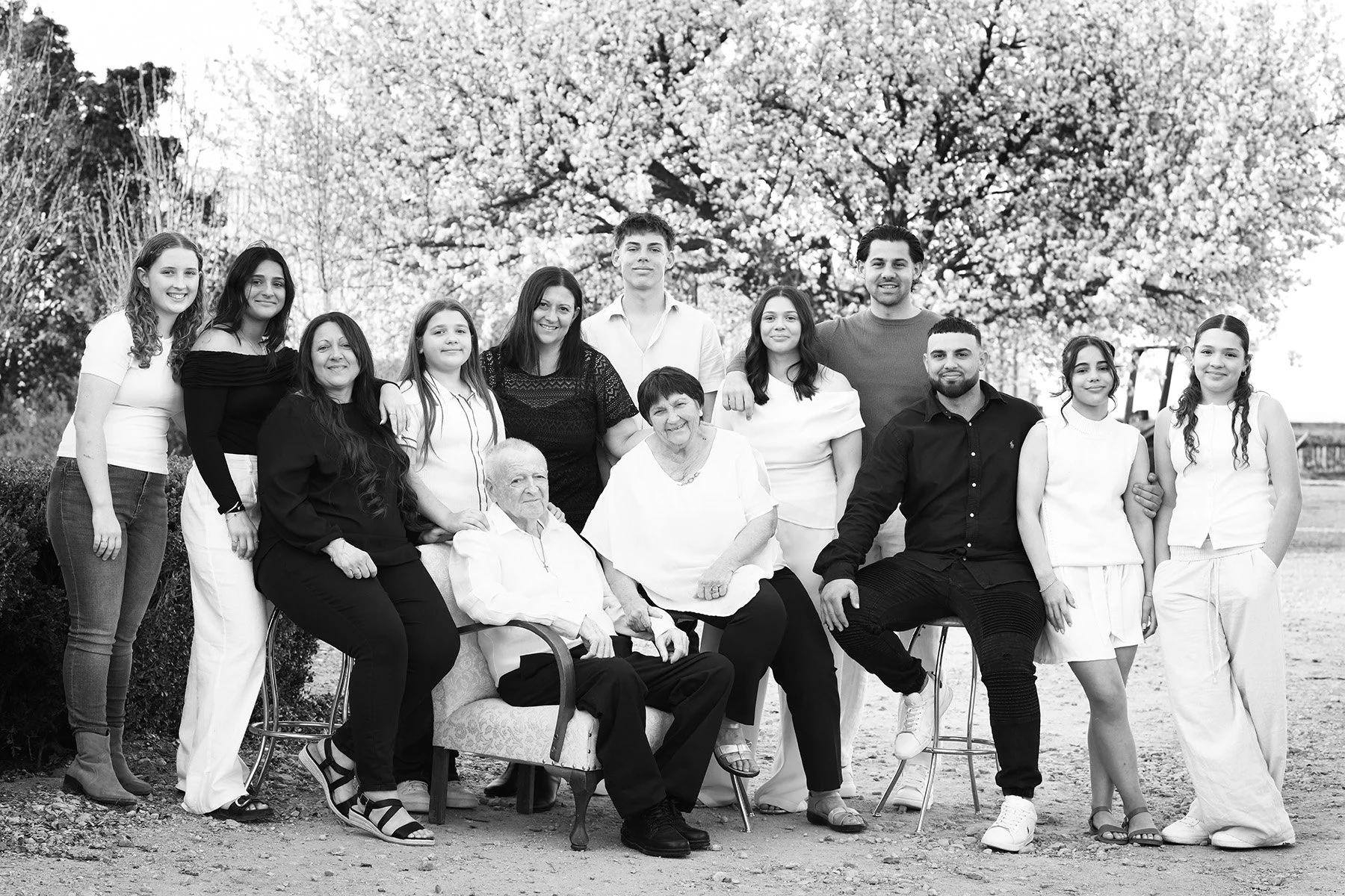 A large multigenerational family portrait outdoors under a blooming tree, with 16 family members including children, adults, and elderly, some seated and others standing, smiling for the camera.