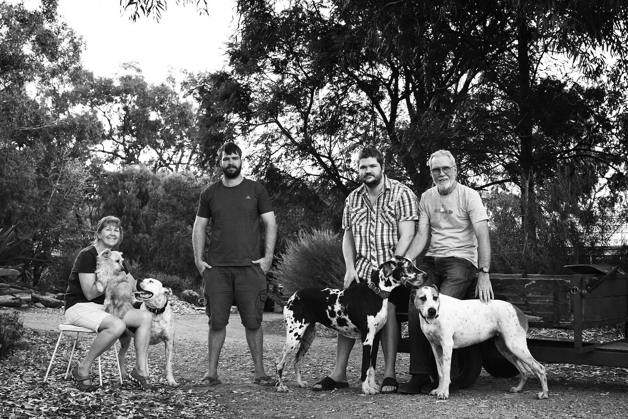 A group of five people and six dogs in an outdoor park with trees. The group includes an older woman sitting on a chair holding a small dog, two men standing, and two other men siting or kneeling with dogs around them. The photo is in black and white