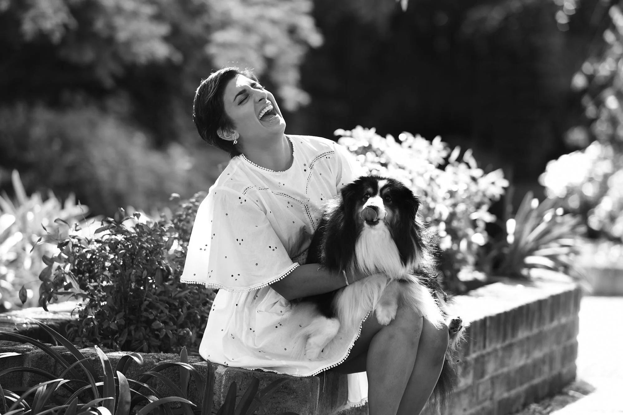 A woman with short dark hair and earrings is sitting outdoors on a low wall, smiling and appearing to laugh. She is holding a Shetland Sheepdog on her lap. The scene is bright, with blurred foliage in the background, and the image is in black and whi