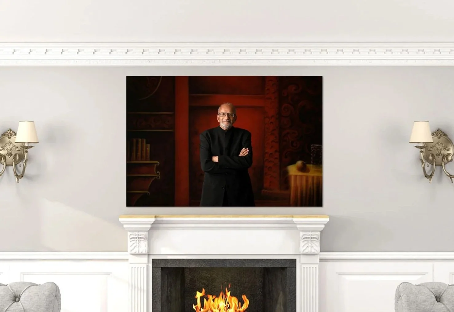 Portrait of a man with glasses and a beard, wearing a black outfit, standing with arms crossed in front of a dark red patterned background, on a wall above a fireplace.