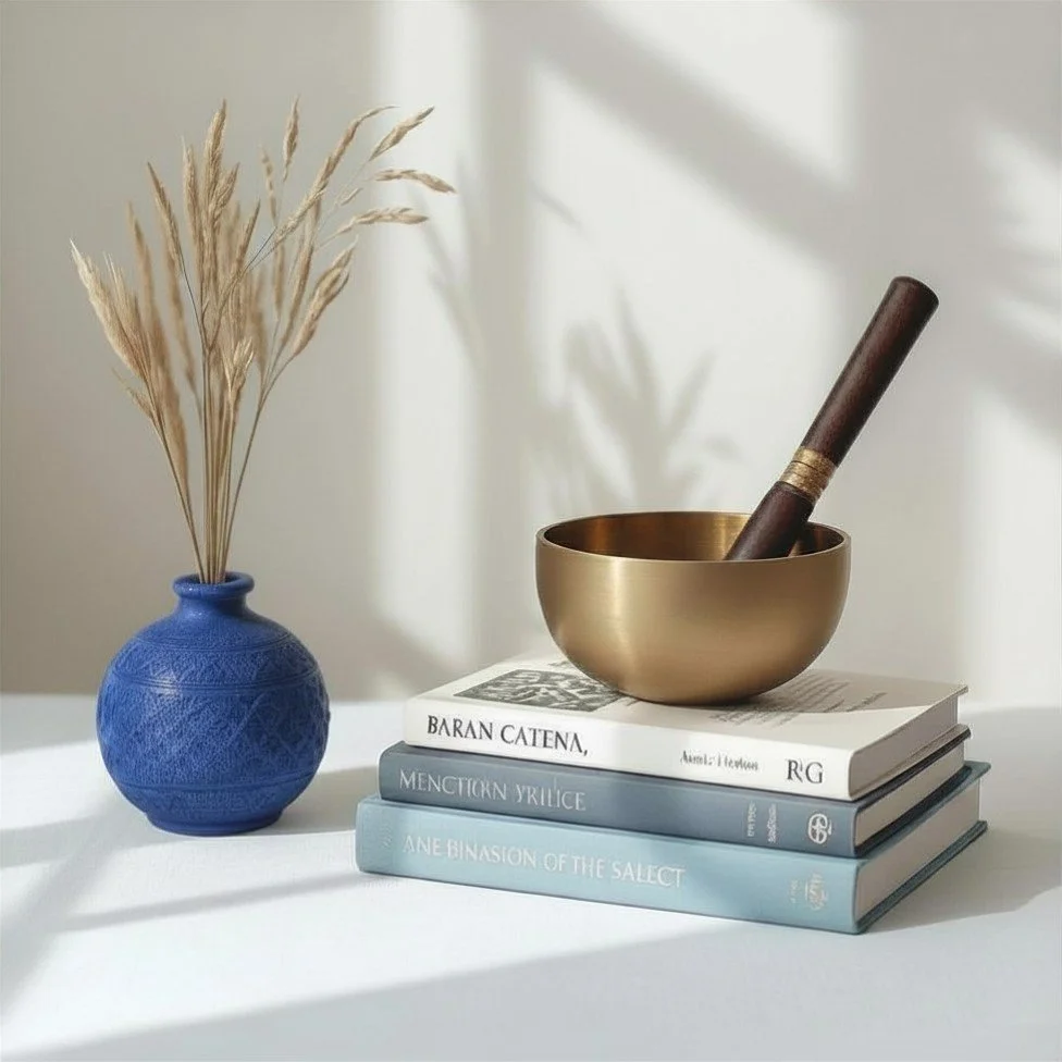 A blue vase with wheat stalks, a brass singing bowl with a wooden striker, and four stacked books on a white surface with sunlight and shadows.