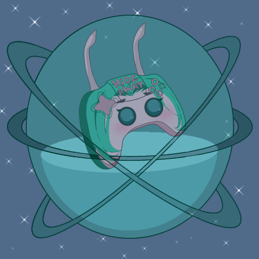 Cartoon character with bunny ears and teal hair floating inside a spaceship orbiting a planet, with stars and space background.