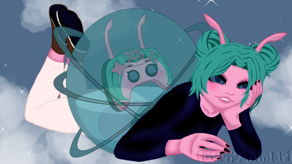 Anime-style girl with green hair and pink skin laying on her stomach on a night sky background. She has bunny ears, dark makeup, and is propped up on her left hand. Beside her, her feet are visible with white shoes and pink socks. A transparent spaceship or capsule encases her feet, with a controller inside that says "HIDE AWAY" and has bunny ears and a star. Sparkling stars surround her.