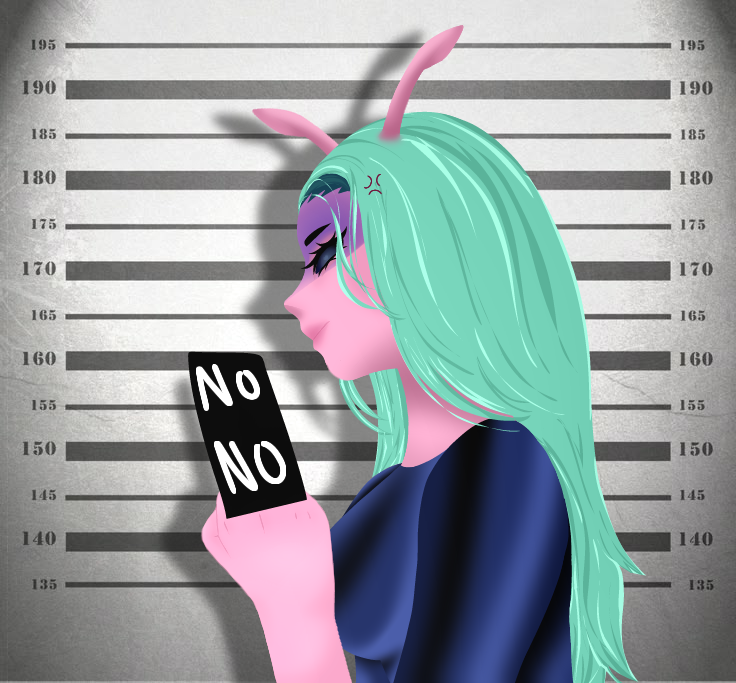 A digital illustration of a girl with teal hair and pink skin, with two antennae on her head, looking at her phone with a 'NO' sign on it. She is in front of a height measurement backdrop, resembling a police lineup.