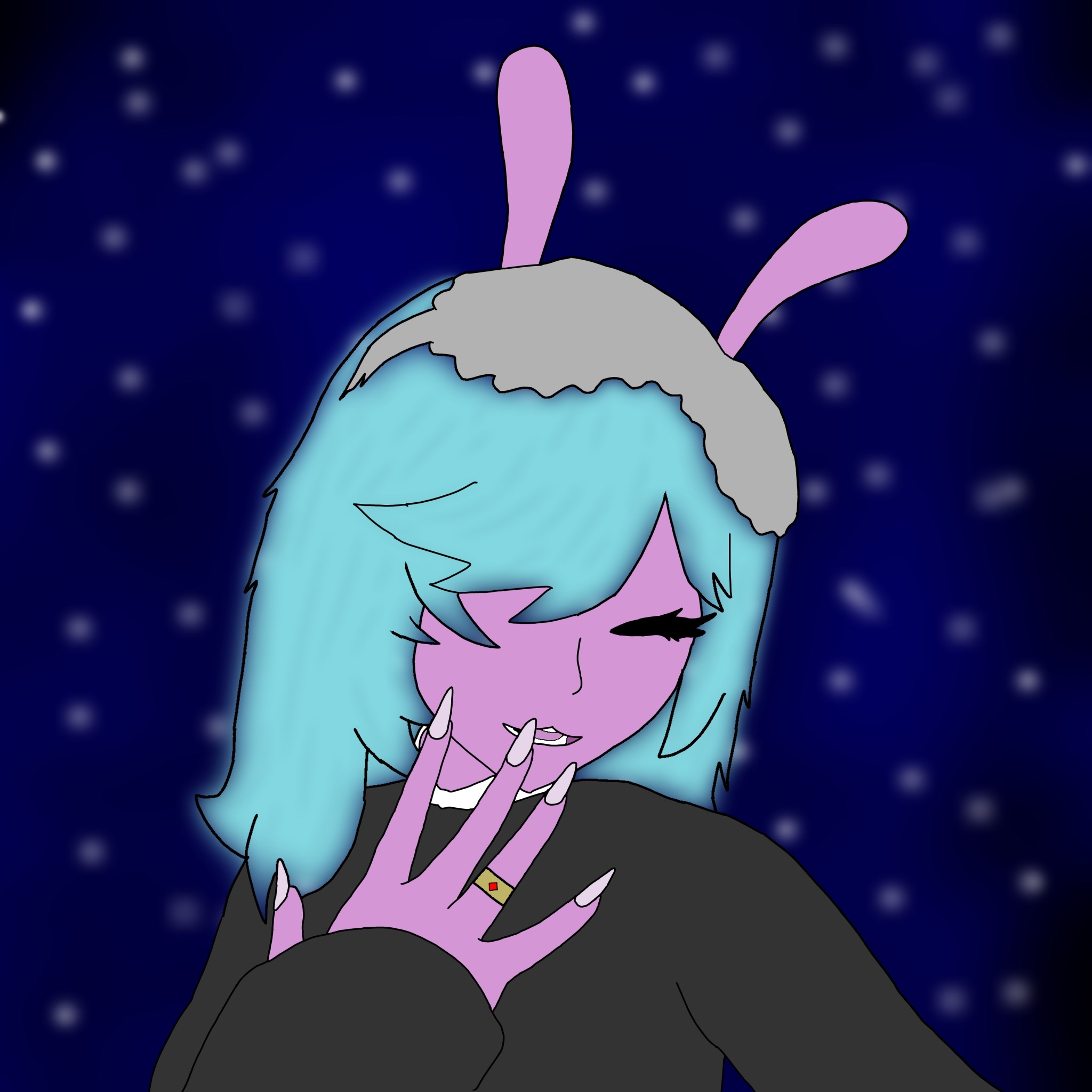 A cartoon girl with purple skin, light blue hair, and bunny ears, smiling with eyes closed, against a starry night sky background.