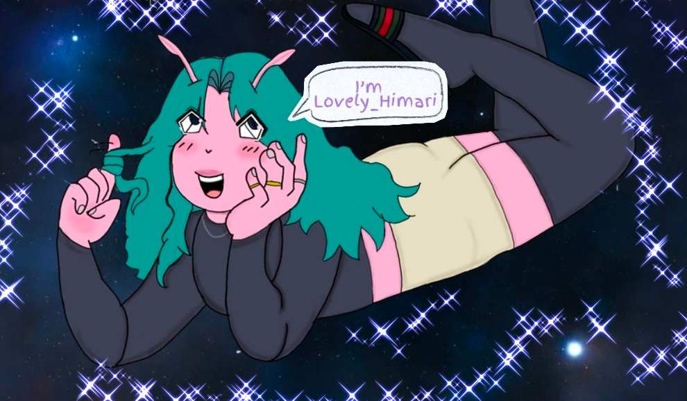 A cartoon character with pink skin, teal hair, and insect like antennae lying down in space surrounded by stars, saying "I'm Lovely_Himari" in a speech bubble.