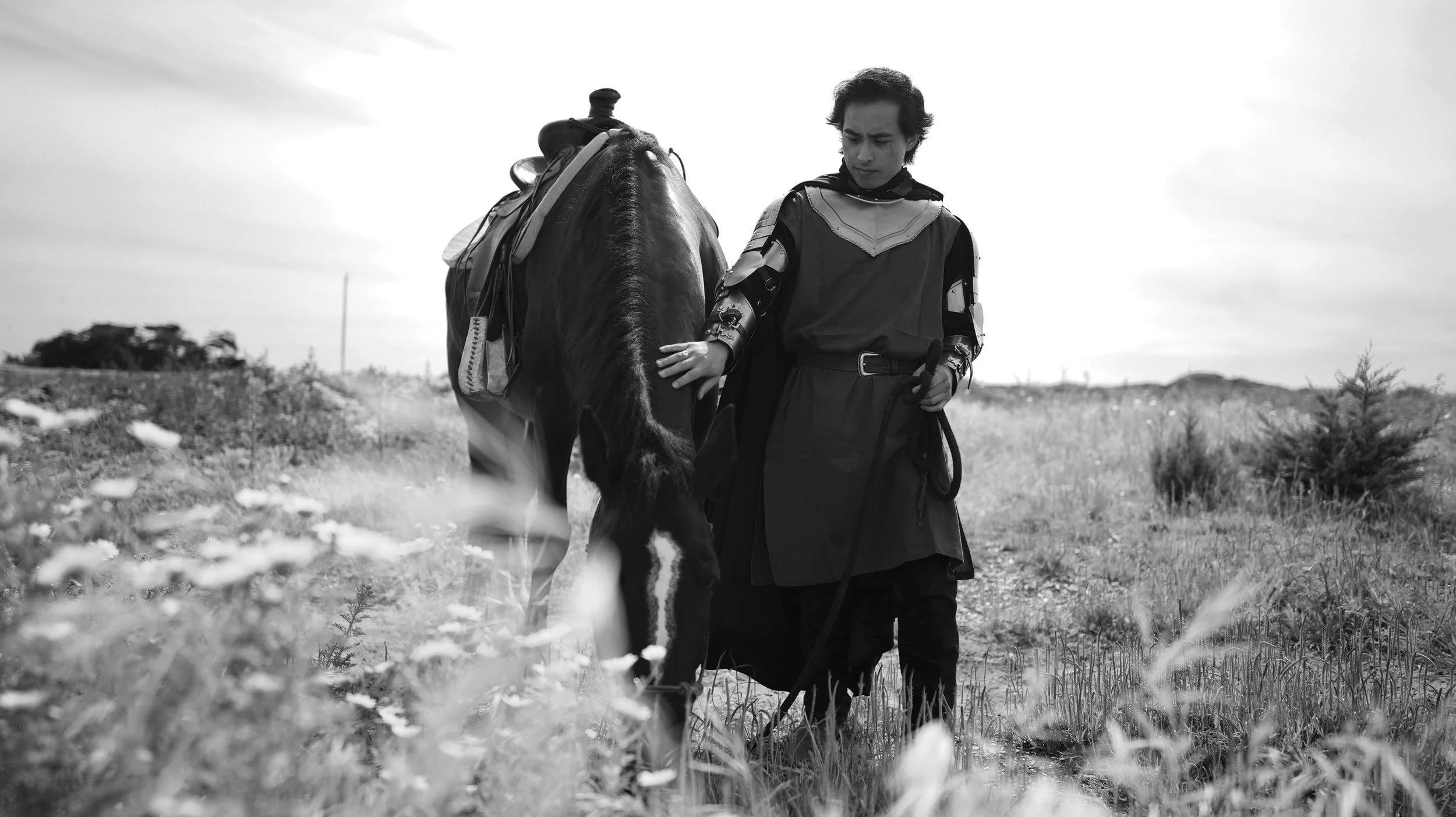 A man dressed in armor standing next to a horse in a grassy field, with a distant tree in the background, in black and white.