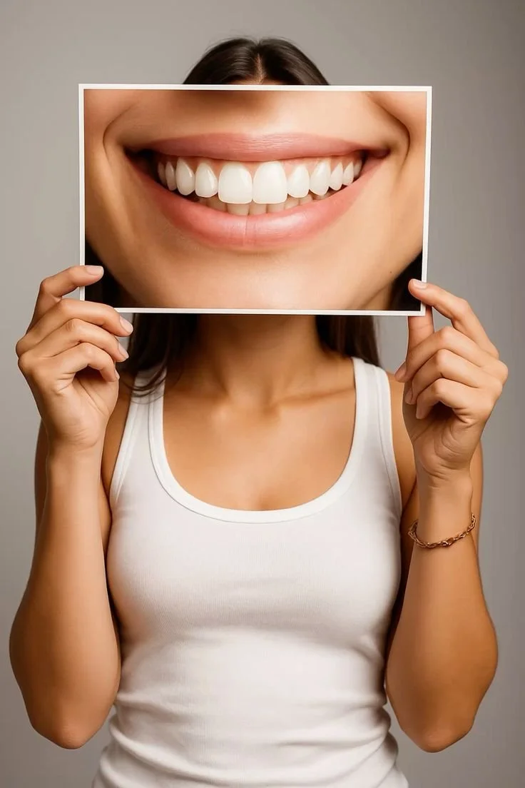 Person holding a photograph of a big smiling mouth in front of their face, creating a humorous effect.