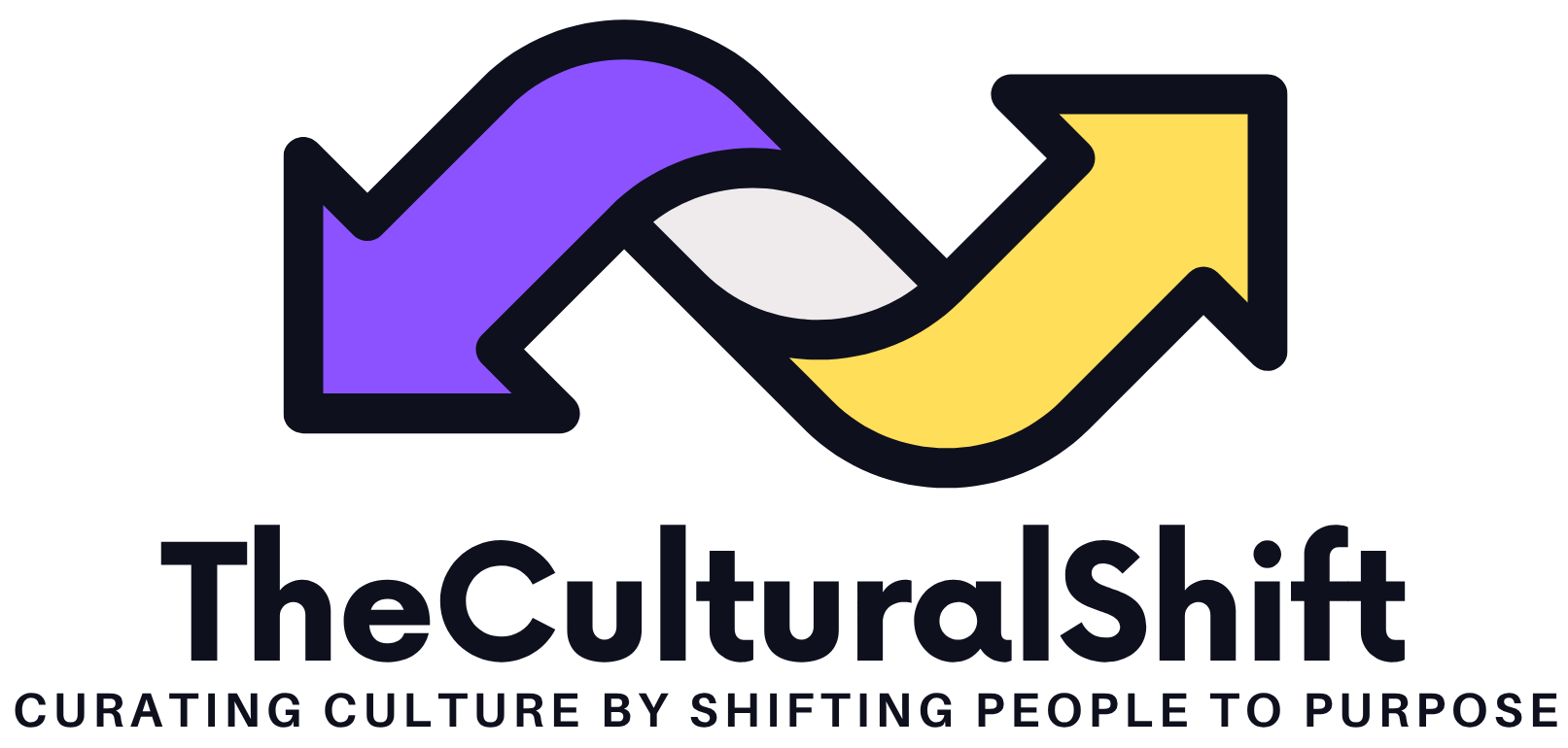 Logo for The Cultural Shift showing a purple arrow curving forward, a white arrow, and a yellow arrow moving upward, with text "The Cultural Shift" and the tagline "Curating culture by shifting people to purpose".
