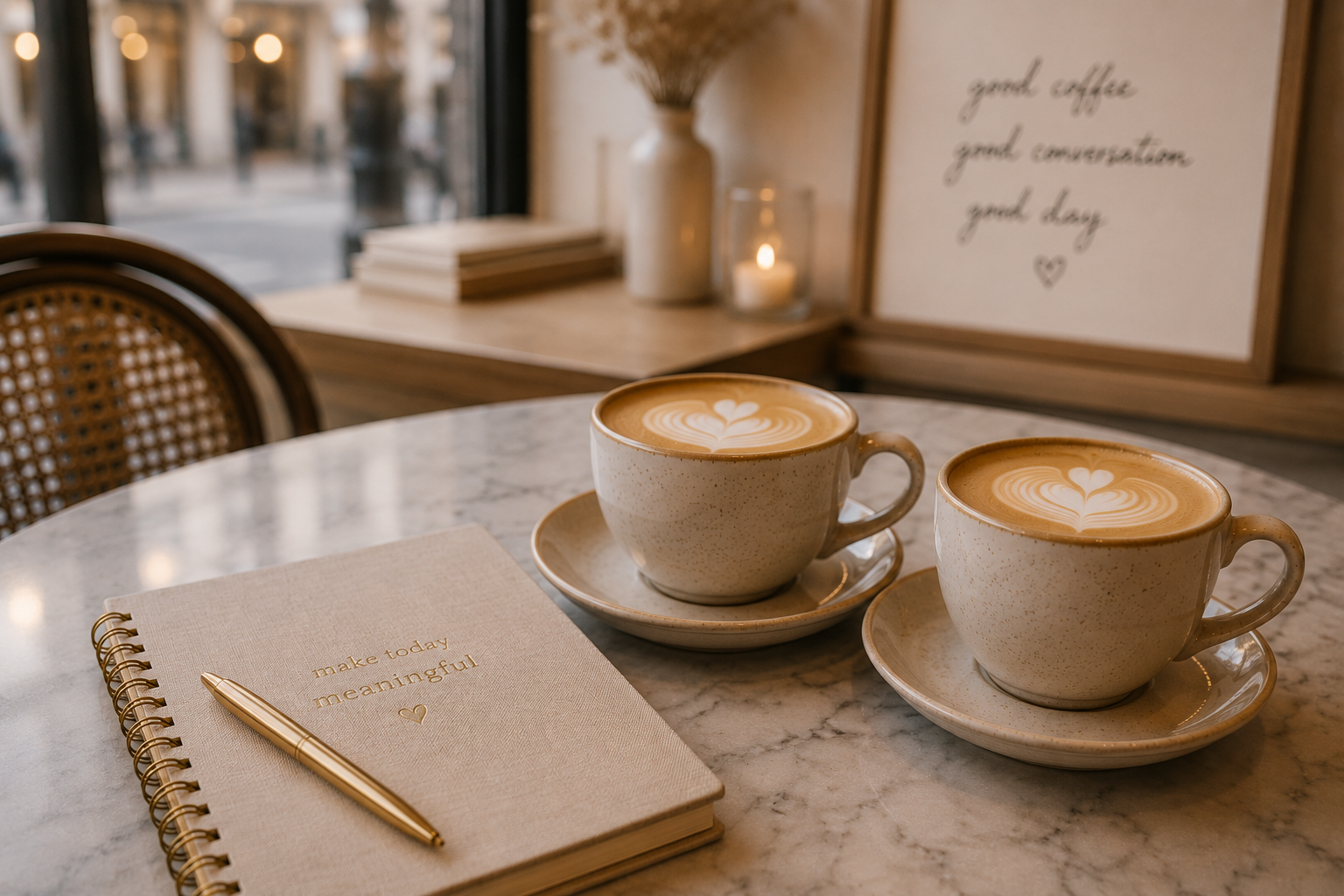 Two cups of latte with heart-shaped latte art on a marble table, a notebook with the words 'make today meaningful', and a gold pen. In the background, a framed sign with the message 'good coffee, good conversation, good day' and a lit candle.