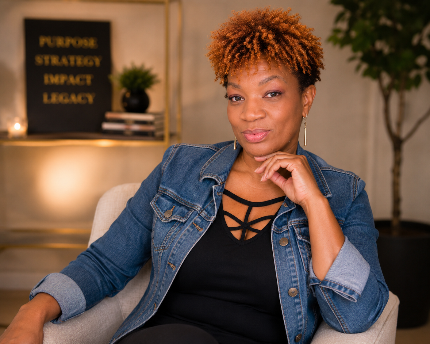 Shalanda Hearne, cultural shifter, faith-based relationship coach, and business consultant seated in a confident pose.