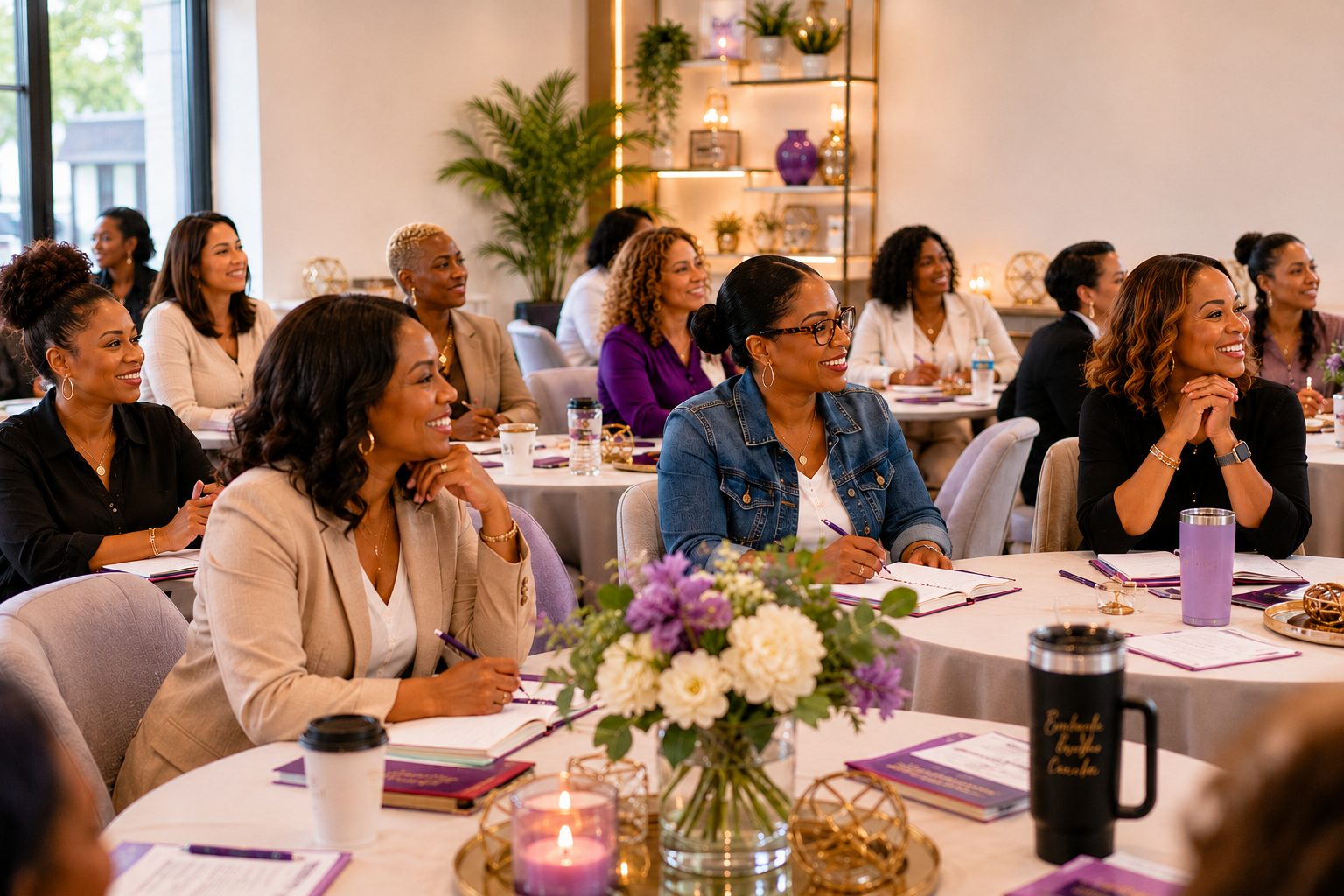 Participants engaging in discussion at a Sevenfold Society gathering. Sitting at round tables, smiling, taking notes, with flowers and candles on the table.
