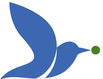 A stylized blue hummingbird with a green dot for an eye.